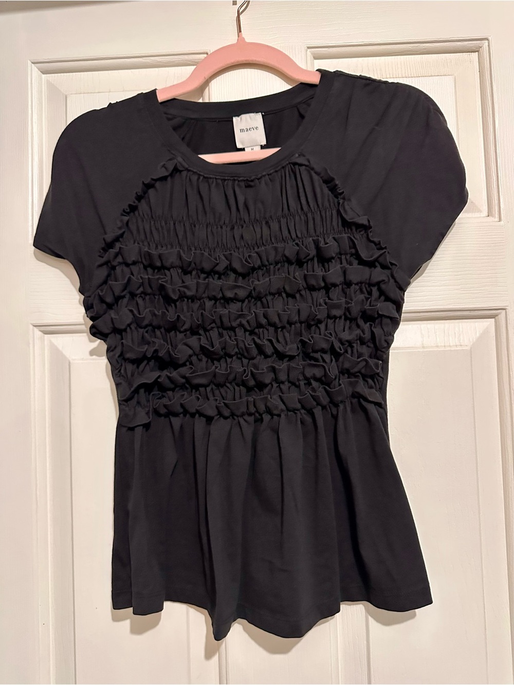 Maeve Black Ruffle-Front Short Sleeve Blouse